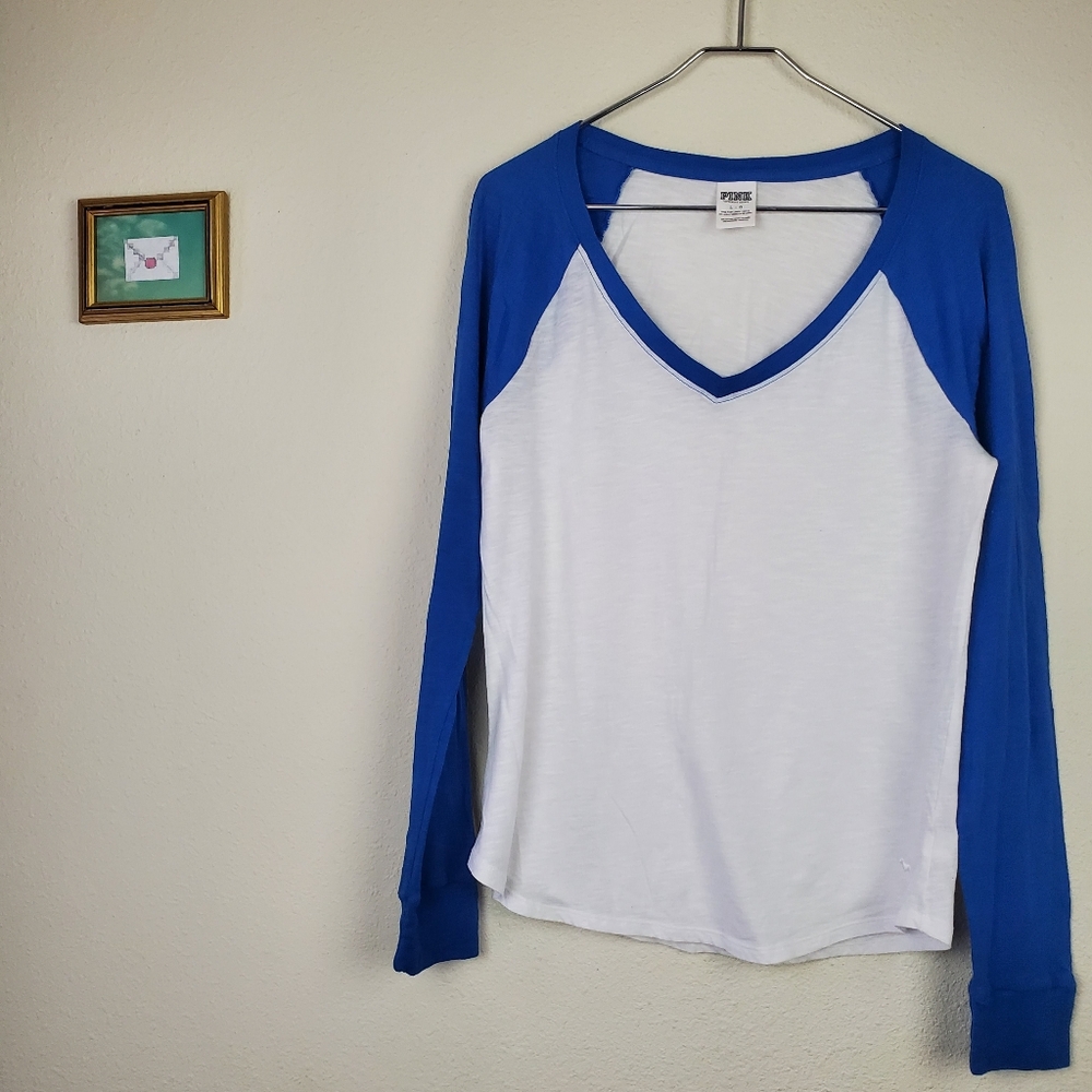 PINK Victoria's Secret Blue and White Long Sleeve Tee